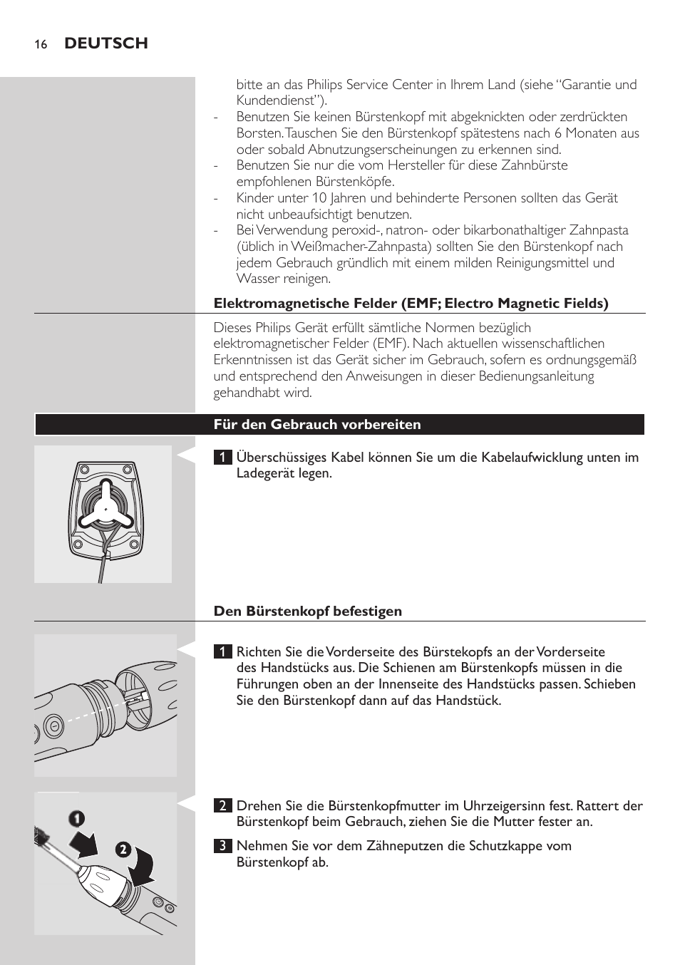 Für den gebrauch vorbereiten, Den bürstenkopf befestigen | Philips ellite e9000 User Manual | Page 16 / 60