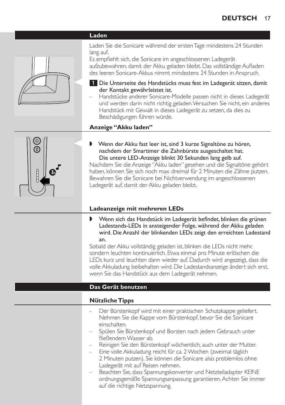 Laden, Anzeige “akku laden, Ladeanzeige mit mehreren leds | Philips ellite e9000 User Manual | Page 17 / 60