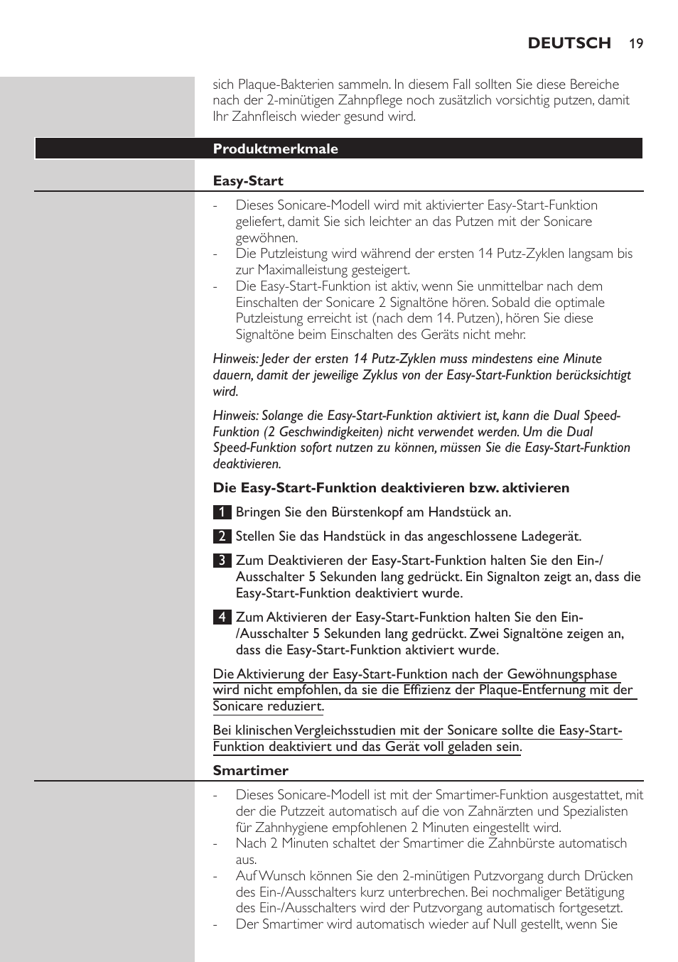 Produktmerkmale, Easy-start | Philips ellite e9000 User Manual | Page 19 / 60