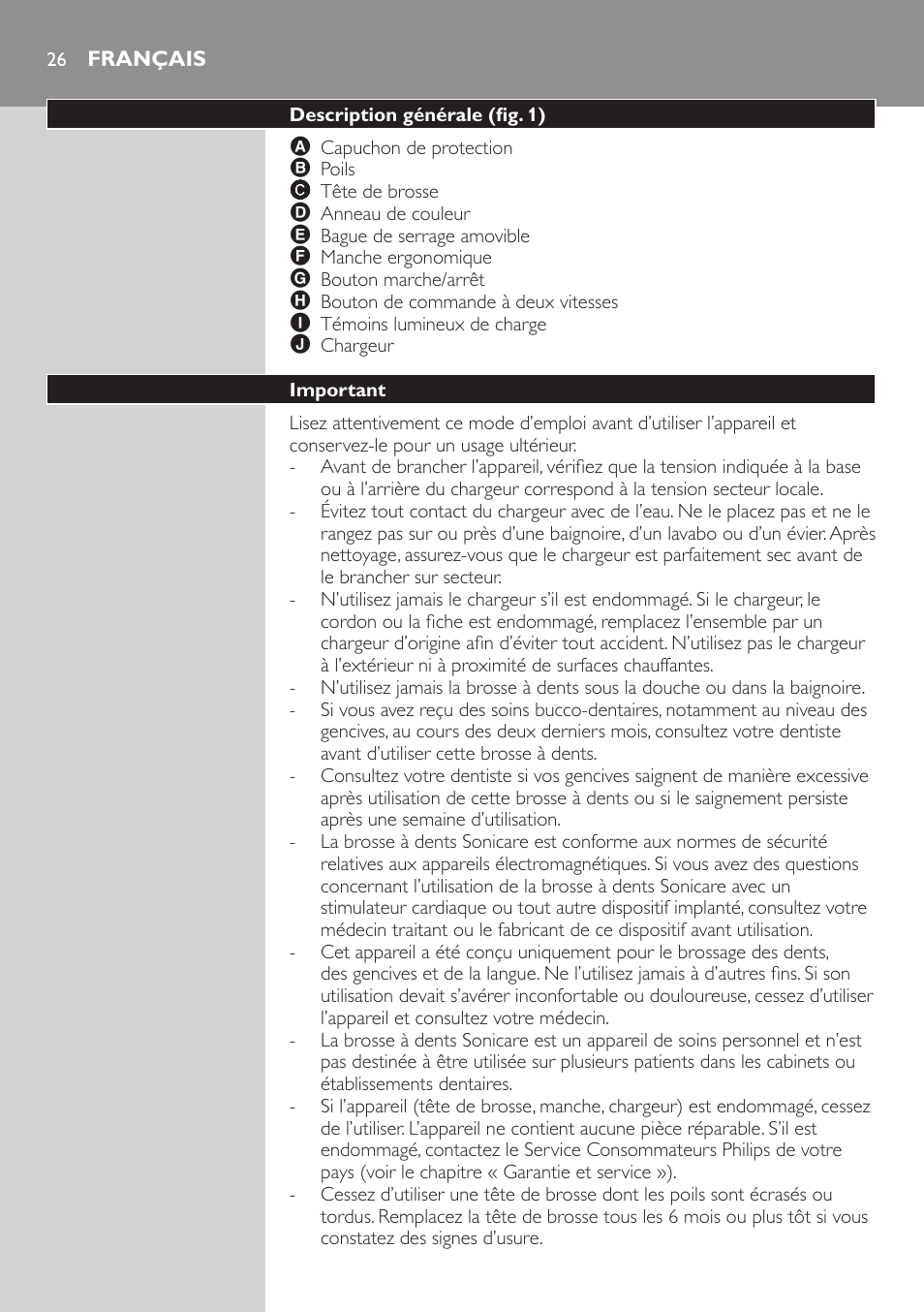 Français, Description générale (fig. 1), Important | Philips ellite e9000 User Manual | Page 26 / 60