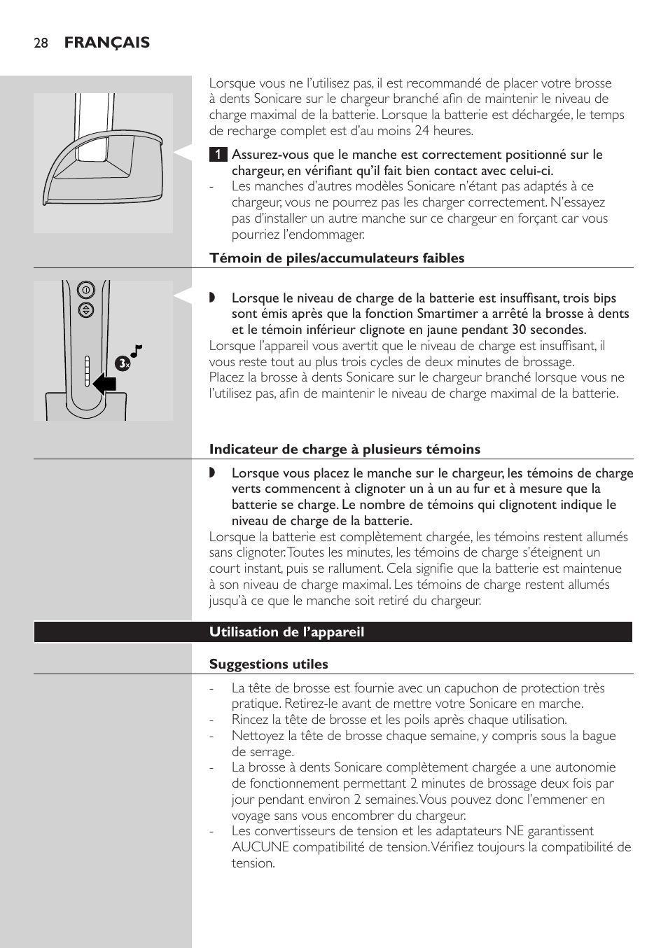 Témoin de piles/accumulateurs faibles, Indicateur de charge à plusieurs témoins, Utilisation de l’appareil | Suggestions utiles, Technique de brossage | Philips ellite e9000 User Manual | Page 28 / 60