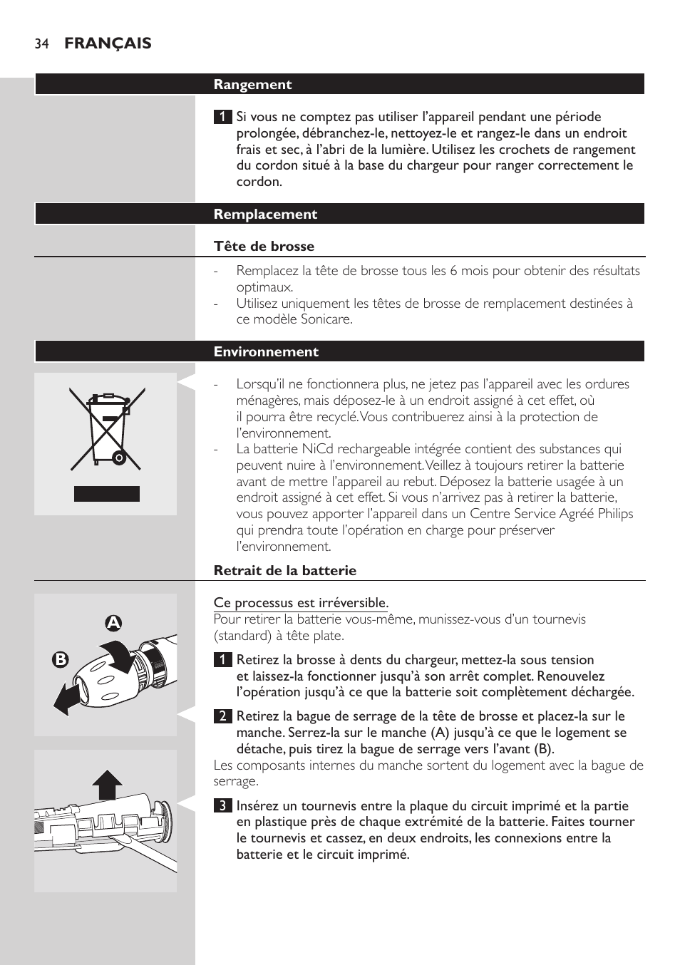 Remplacement, Tête de brosse, Environnement | Retrait de la batterie, Ba b a | Philips ellite e9000 User Manual | Page 34 / 60