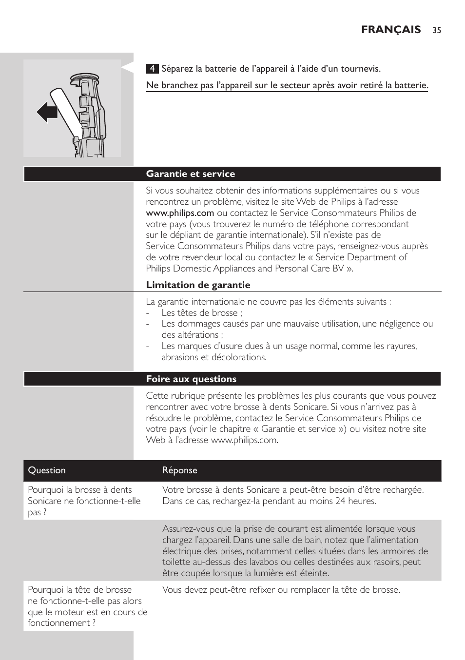 Garantie et service, Limitation de garantie, Foire aux questions | Philips ellite e9000 User Manual | Page 35 / 60