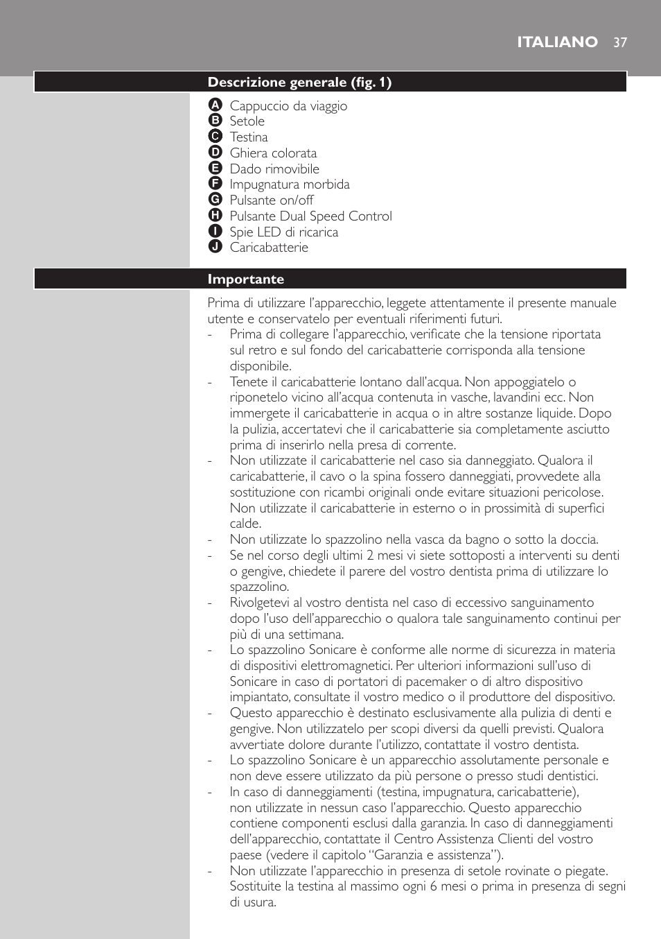 Italiano, Descrizione generale (fig. 1), Importante | Philips ellite e9000 User Manual | Page 37 / 60