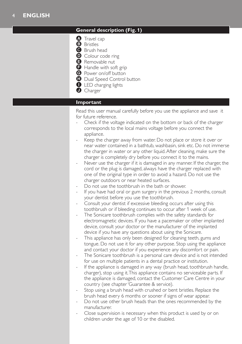 English, General description (fig. 1), Important | Philips ellite e9000 User Manual | Page 4 / 60