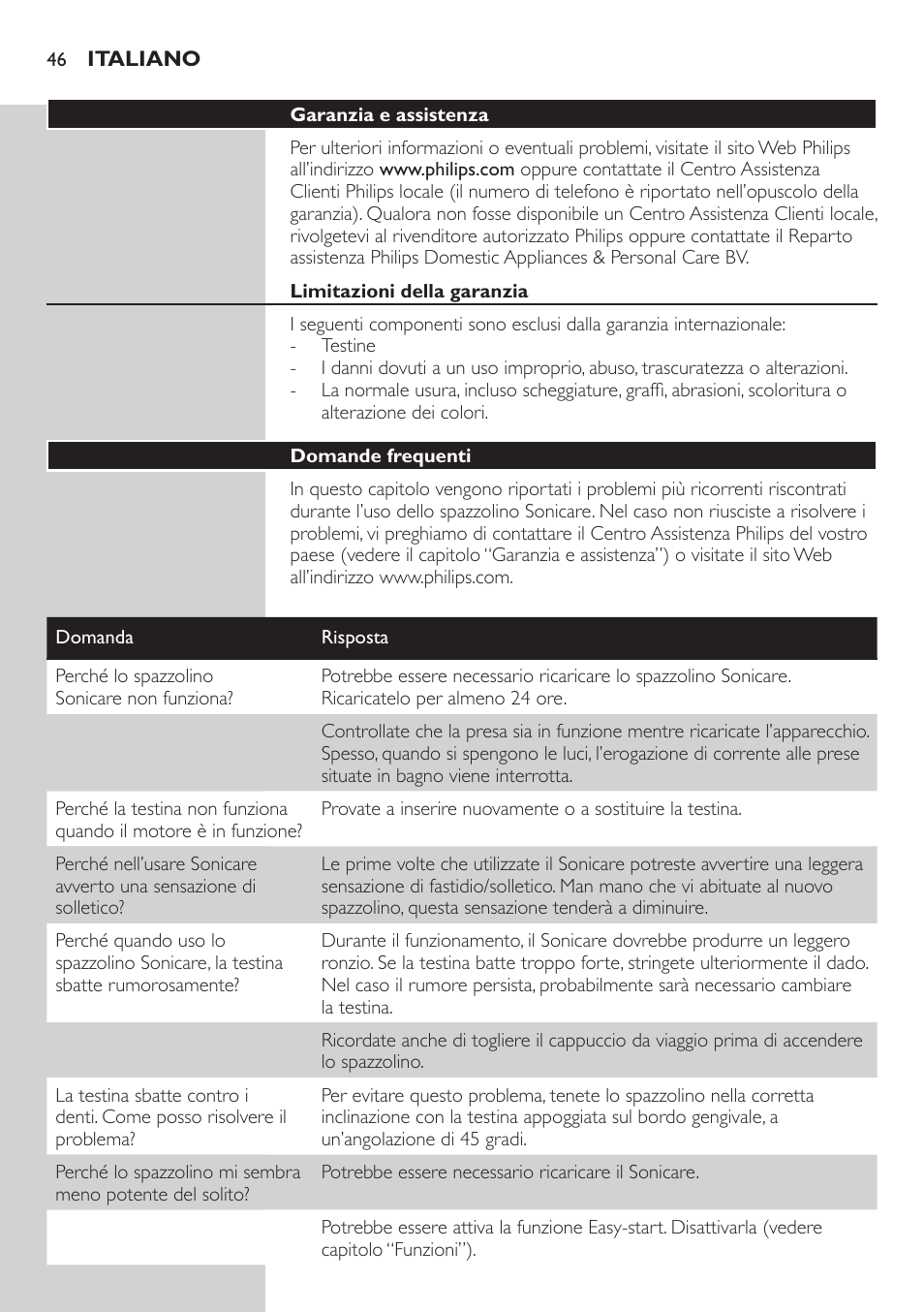 Tutela dell’ambiente, Rimozione della batteria, Garanzia e assistenza | Philips ellite e9000 User Manual | Page 46 / 60