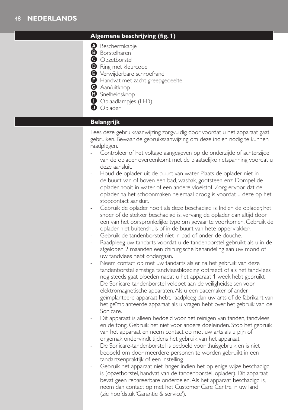 Nederlands, Algemene beschrijving (fig. 1), Belangrijk | Philips ellite e9000 User Manual | Page 48 / 60