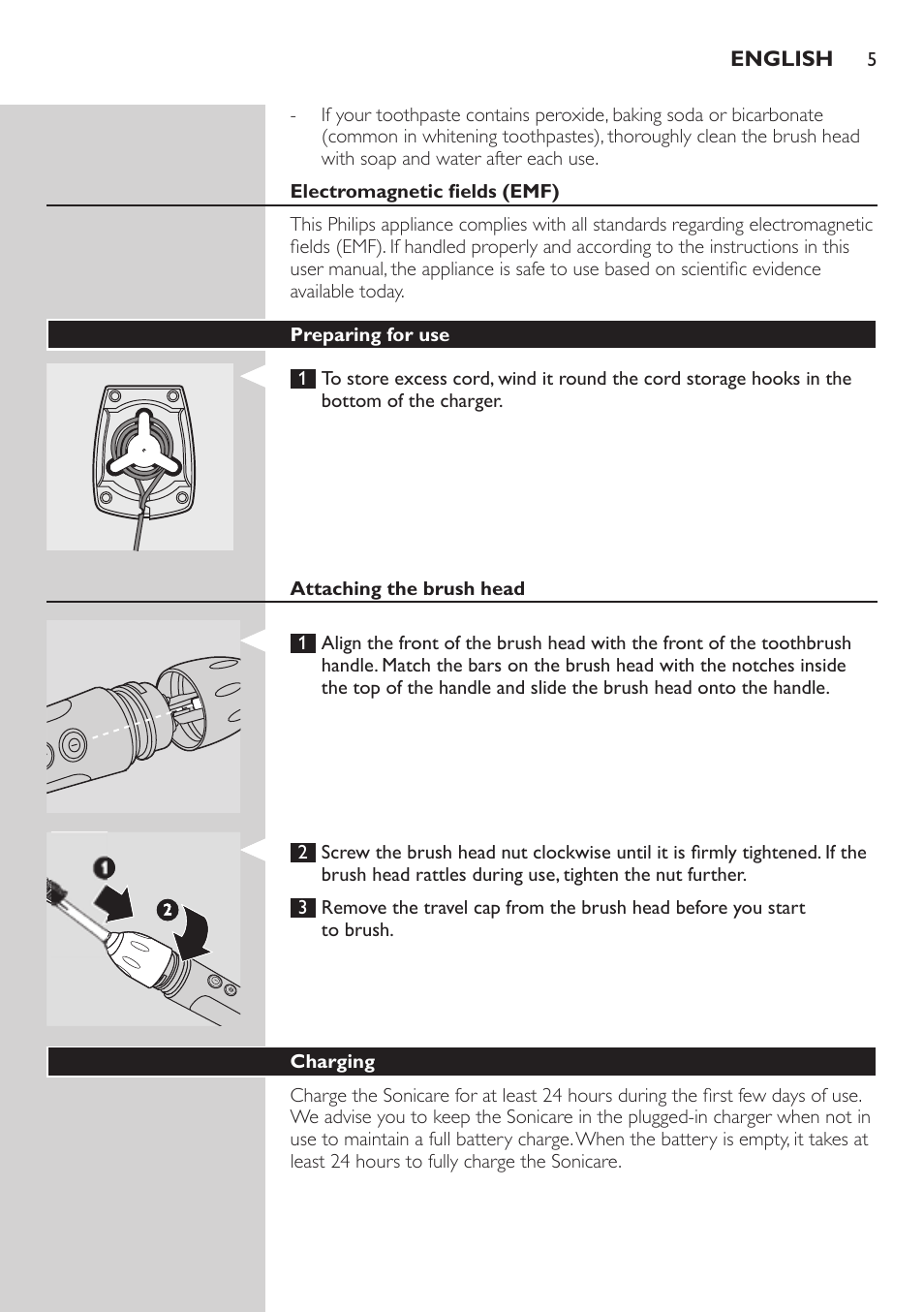 Electromagnetic fields (emf), Preparing for use, Attaching the brush head | Charging | Philips ellite e9000 User Manual | Page 5 / 60