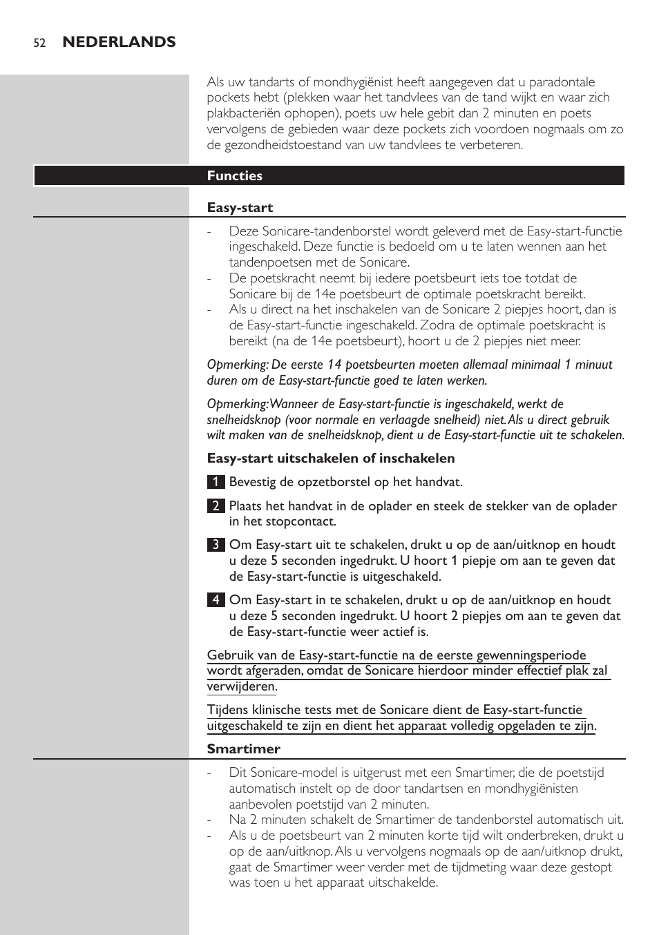 Functies, Easy-start, Easy-start uitschakelen of inschakelen | Smartimer | Philips ellite e9000 User Manual | Page 52 / 60