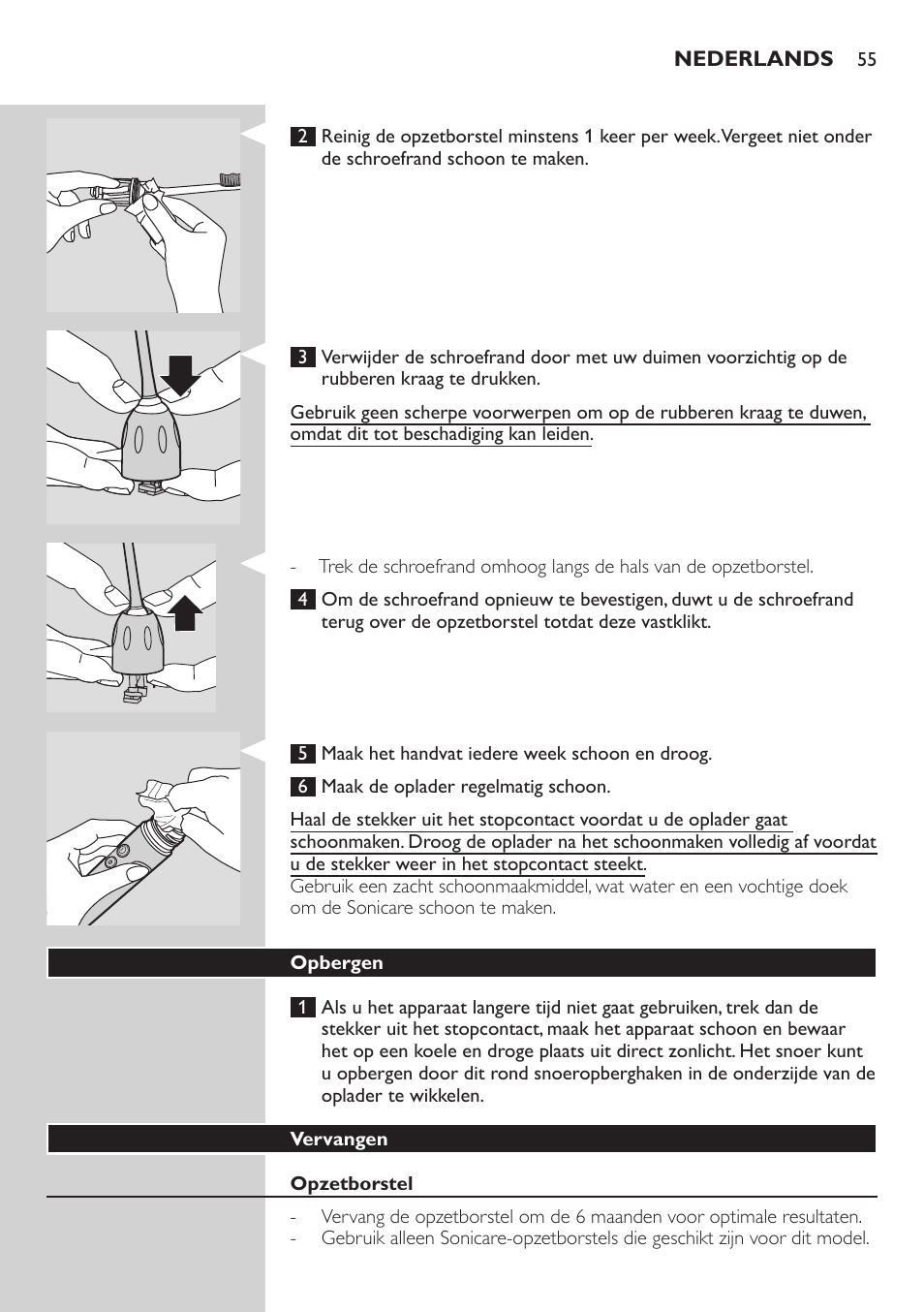 Opbergen, Vervangen, Opzetborstel | Philips ellite e9000 User Manual | Page 55 / 60