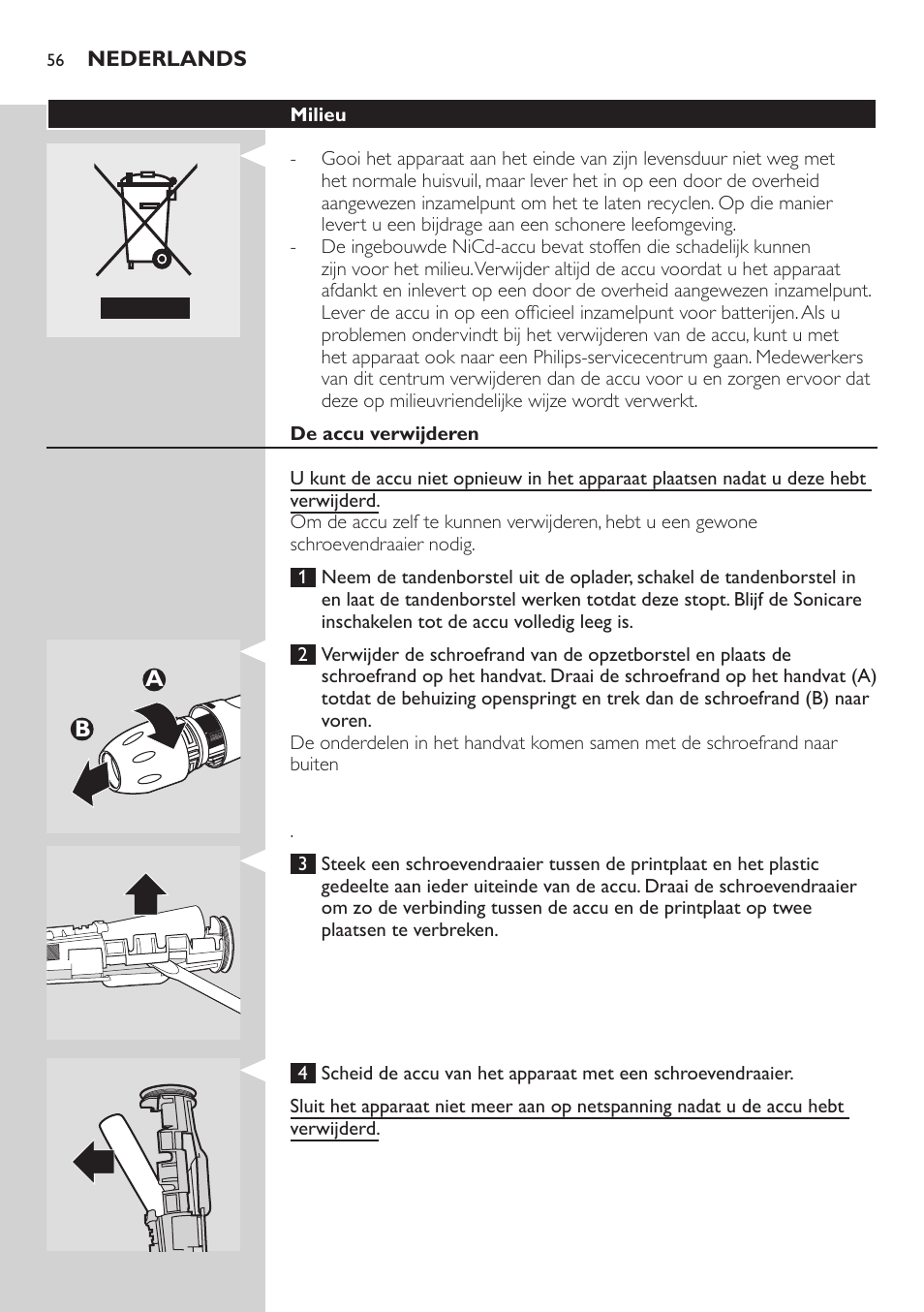 Milieu, De accu verwijderen, Garantie & service | Ba b a | Philips ellite e9000 User Manual | Page 56 / 60