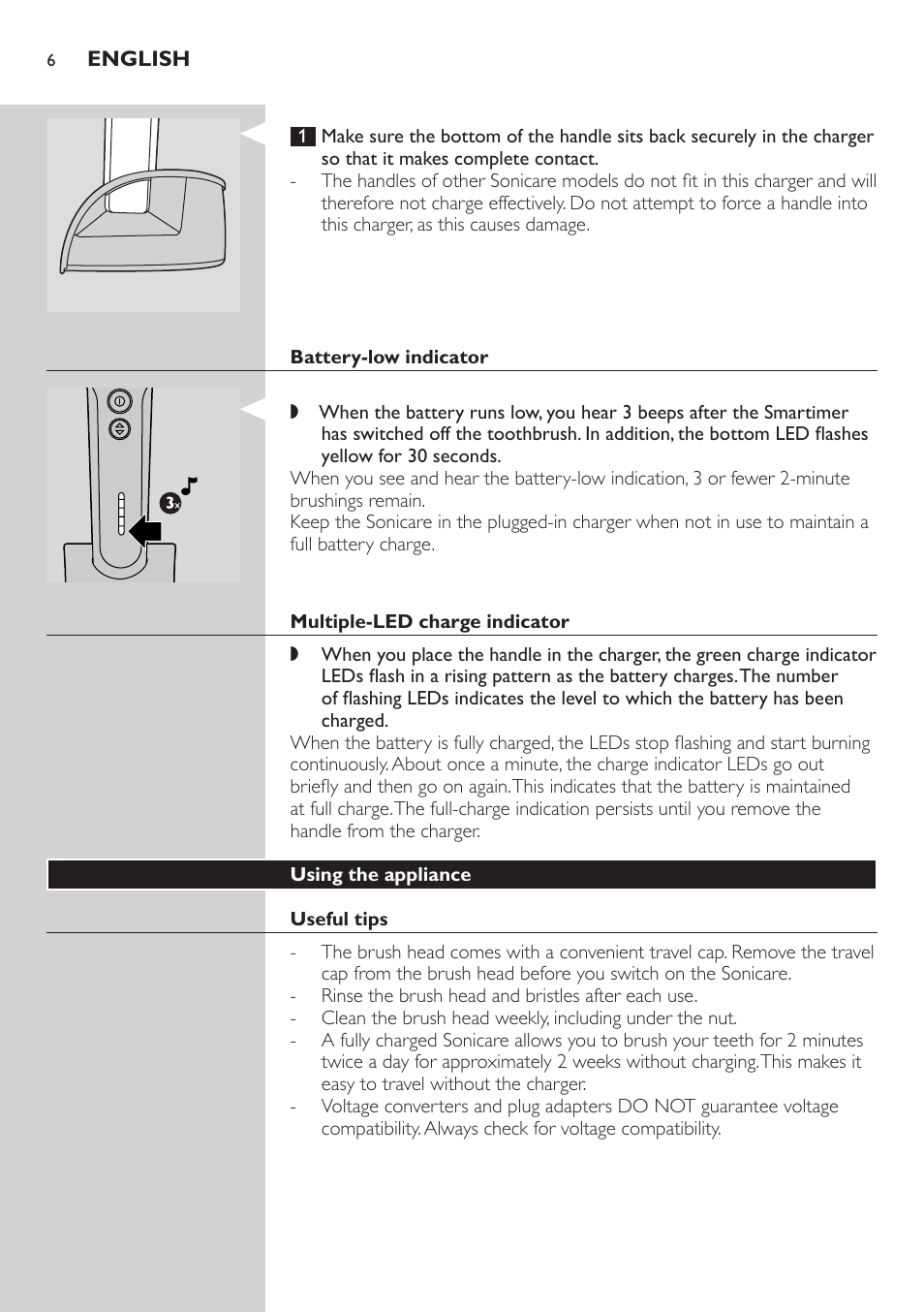 Battery-low indicator, Multiple-led charge indicator, Using the appliance | Useful tips, Brushing technique | Philips ellite e9000 User Manual | Page 6 / 60