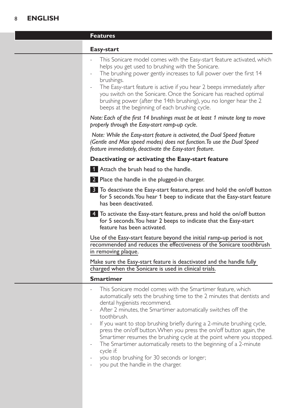 Deactivating or activating the easy-start feature, Smartimer | Philips ellite e9000 User Manual | Page 8 / 60