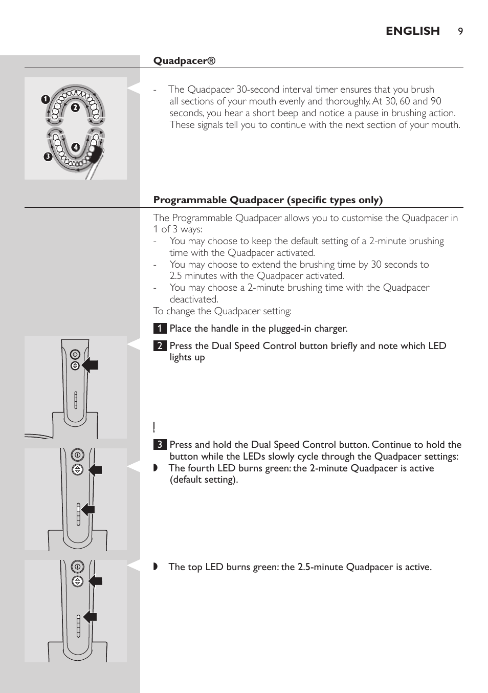 Quadpacer, Programmable quadpacer (specific types only) | Philips ellite e9000 User Manual | Page 9 / 60