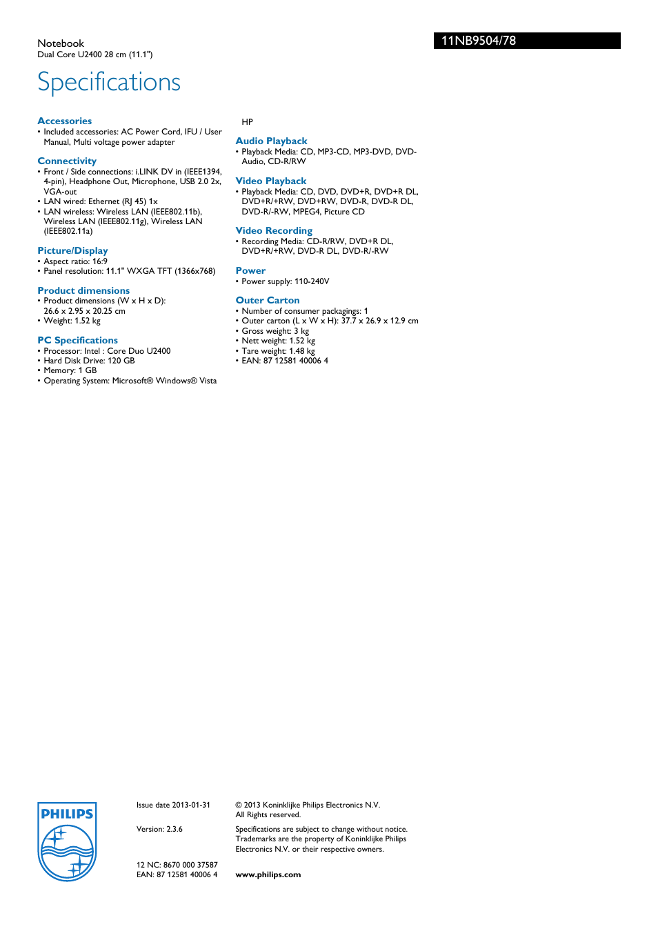 Specifications | Philips 11NB9504 User Manual | Page 2 / 2