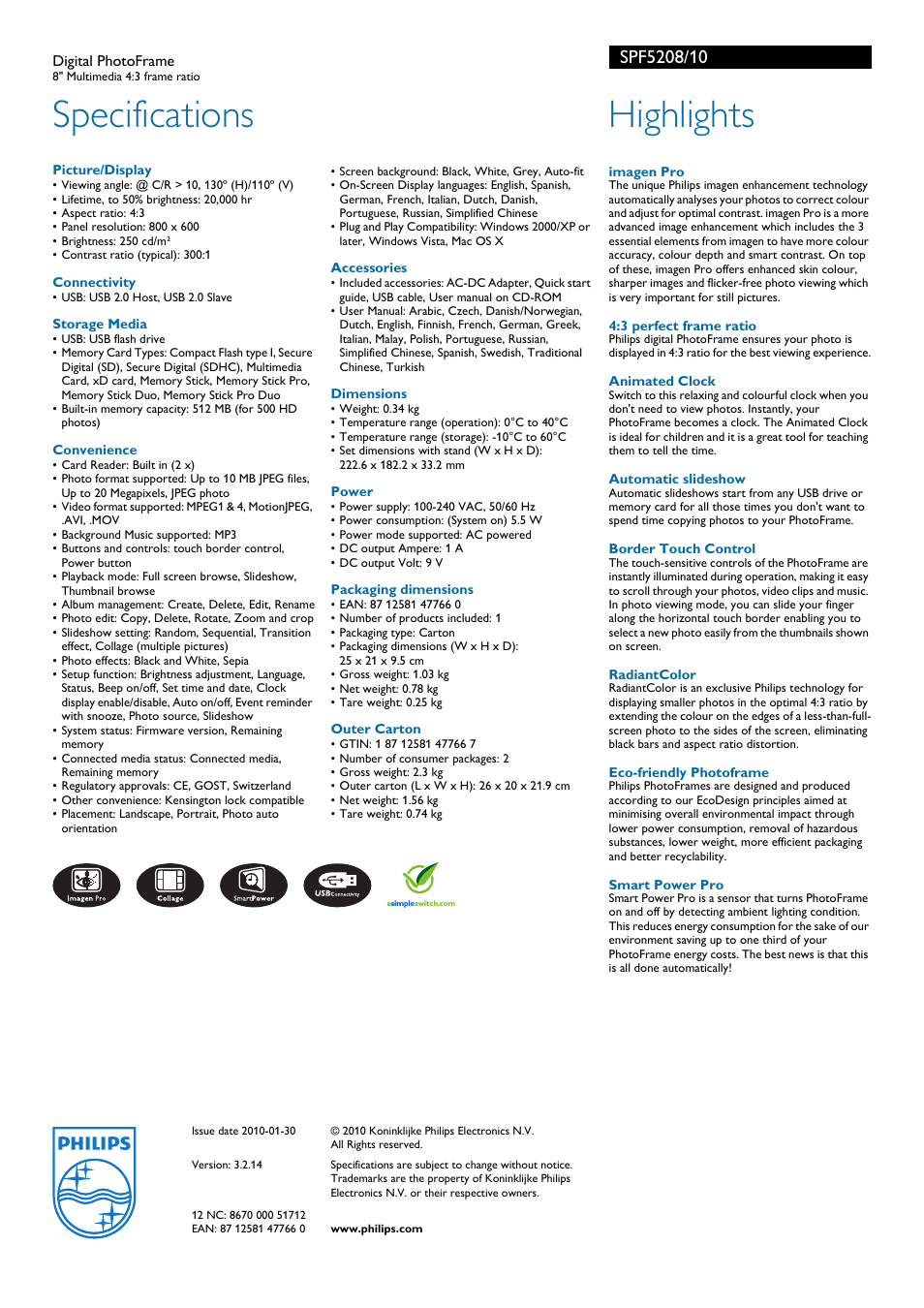 Specifications, Highlights | Philips SPF5208  EN User Manual | Page 2 / 2