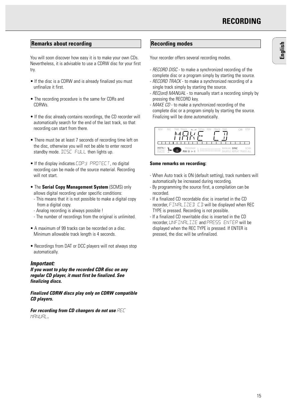 Recording, English, Important | Recording modes remarks about recording | Philips CDR570/00 User Manual | Page 15 / 26