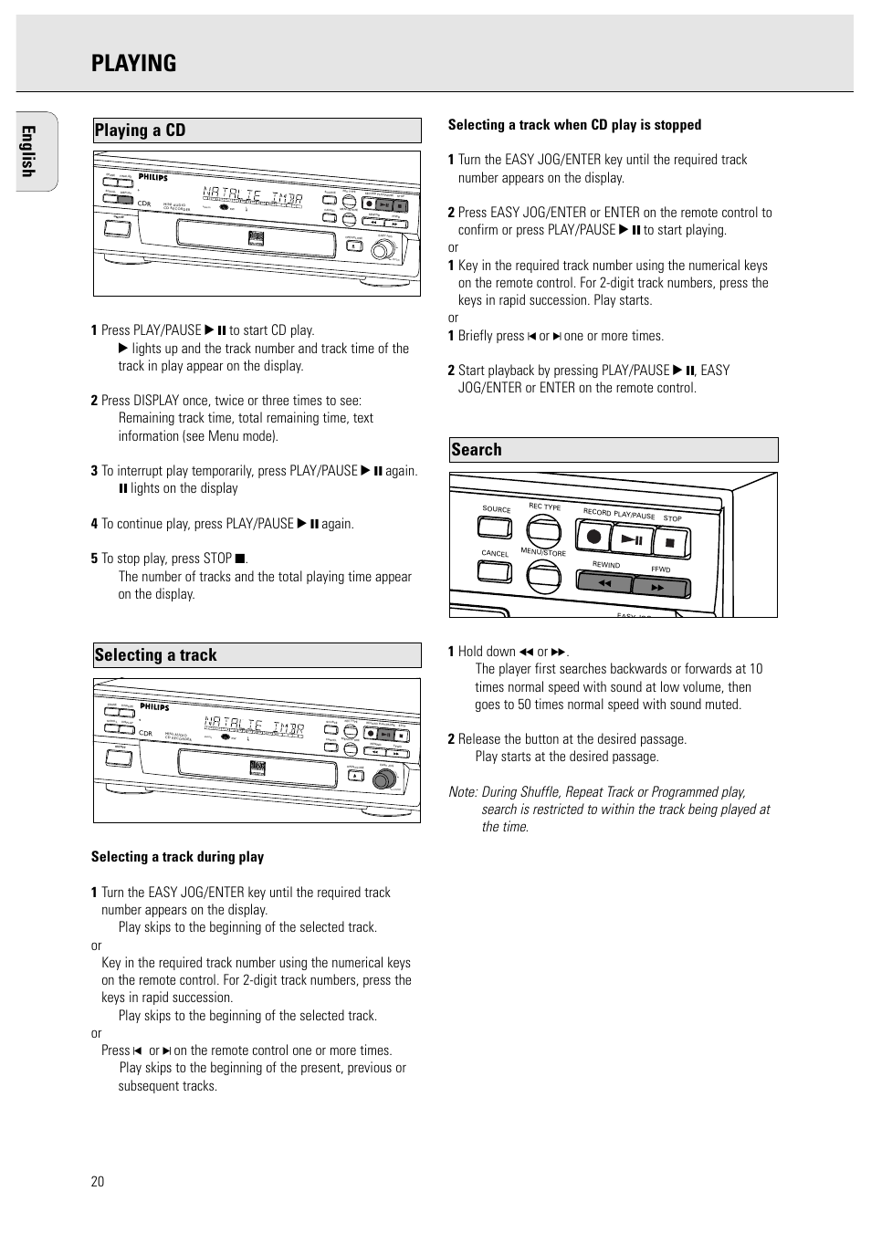 Playing, English, Search | Selecting a track, Playing a cd | Philips CDR570/00 User Manual | Page 20 / 26