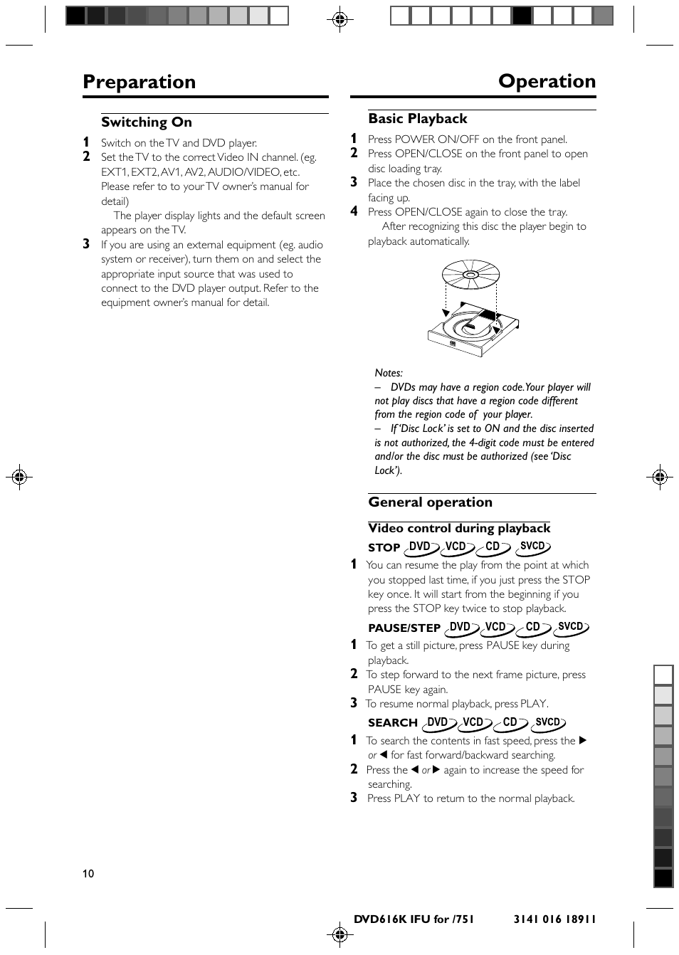 Preparation operation | Philips DVD616K User Manual | Page 10 / 26