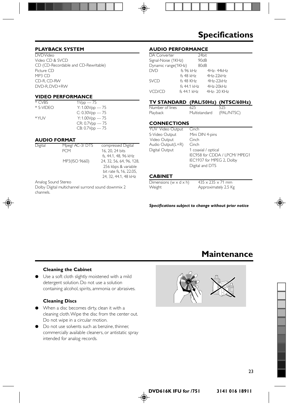 Specifications, Maintenance | Philips DVD616K User Manual | Page 23 / 26