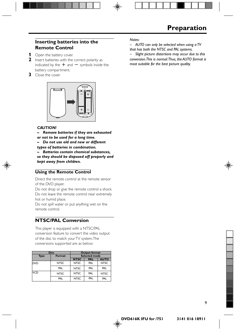 Preparation, Inserting batteries into the remote control 1, Ntsc/pal conversion | Using the remote control | Philips DVD616K User Manual | Page 9 / 26
