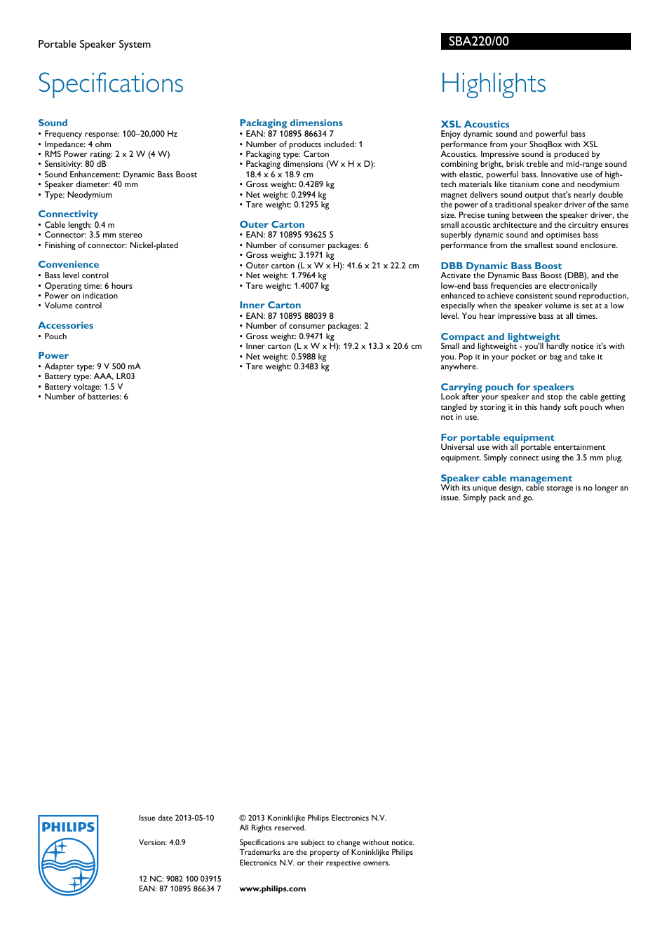 Specifications, Highlights | Philips SBA220/00 User Manual | Page 2 / 2