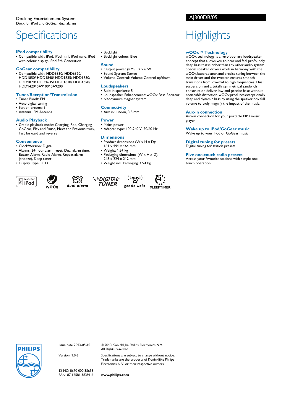 Specifications, Highlights | Philips AJ300DB User Manual | Page 2 / 2