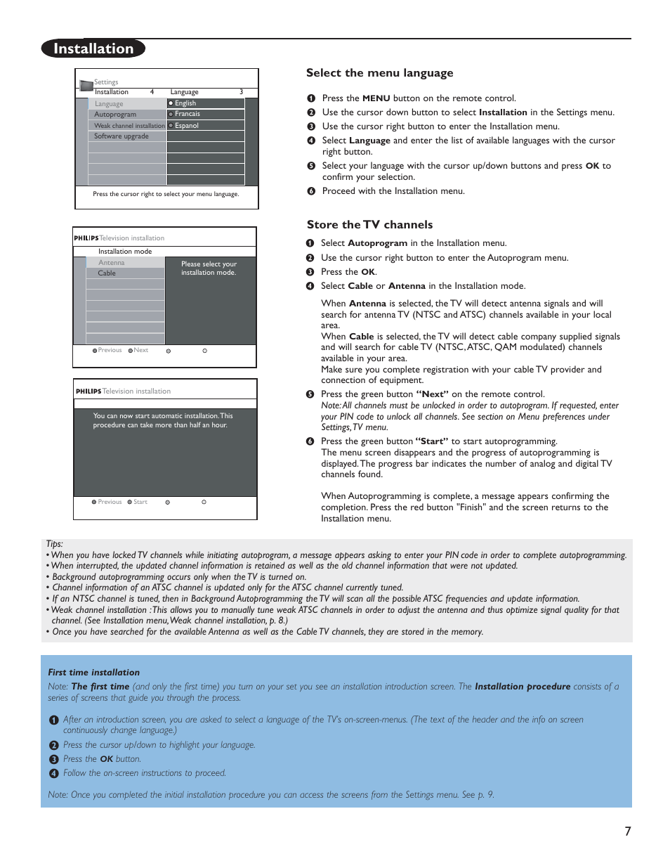 Installation, Store the tv channels select the menu language | Philips 50PL9126D User Manual | Page 15 / 42