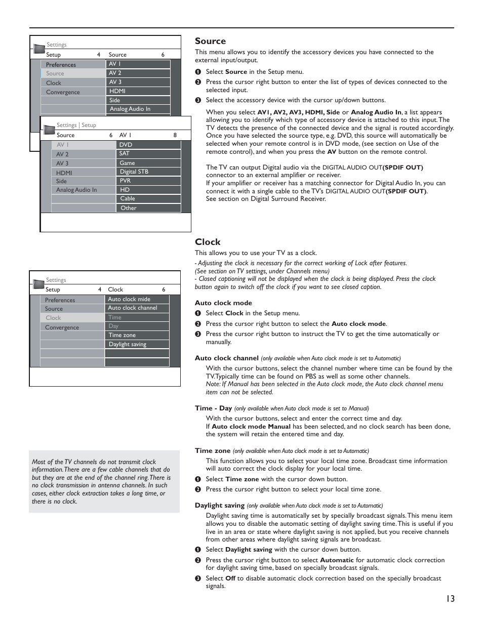 13 source, Clock | Philips 50PL9126D User Manual | Page 21 / 42