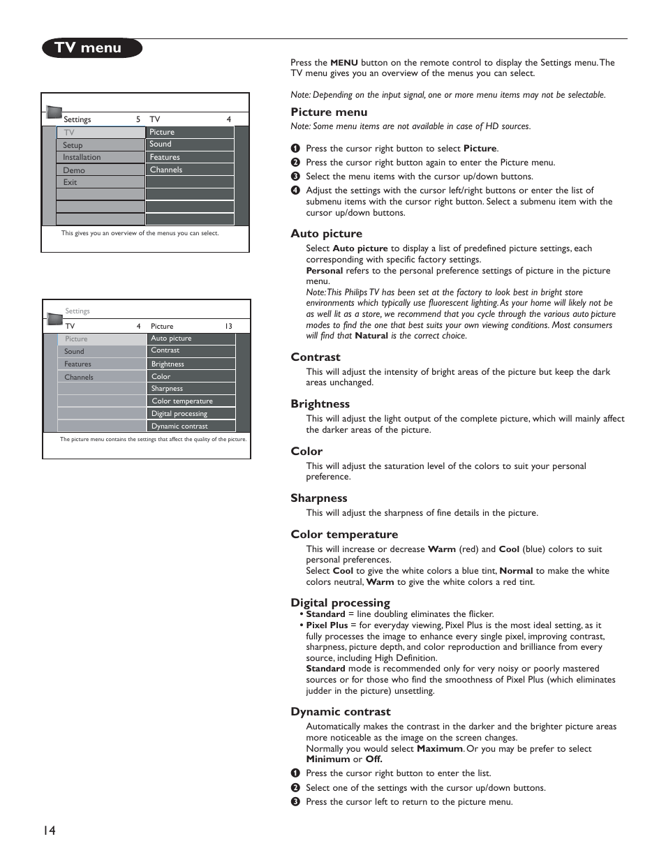 Tv menu, Picture menu, Auto picture | Contrast, Brightness, Color, Sharpness, Color temperature, Digital processing, Dynamic contrast | Philips 50PL9126D User Manual | Page 22 / 42