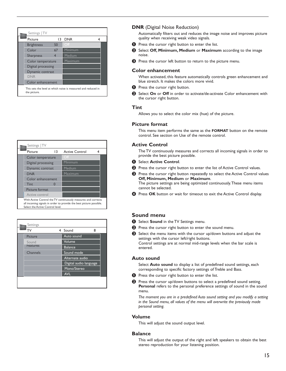 Sound menu, Dnr (digital noise reduction), Color enhancement | Tint, Picture format, Active control, Auto sound, Volume, Balance | Philips 50PL9126D User Manual | Page 23 / 42