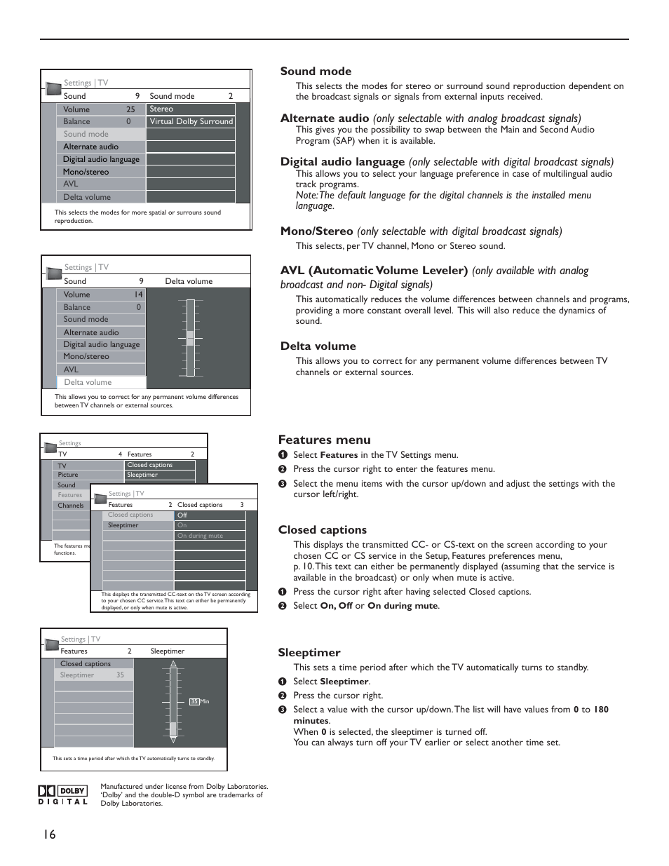 Features menu, Sound mode, Delta volume | Closed captions, Sleeptimer | Philips 50PL9126D User Manual | Page 24 / 42