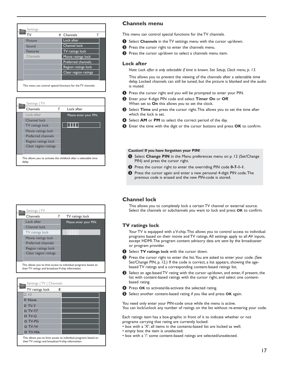 17 channels menu, Channel lock, Lock after | Tv ratings lock | Philips 50PL9126D User Manual | Page 25 / 42