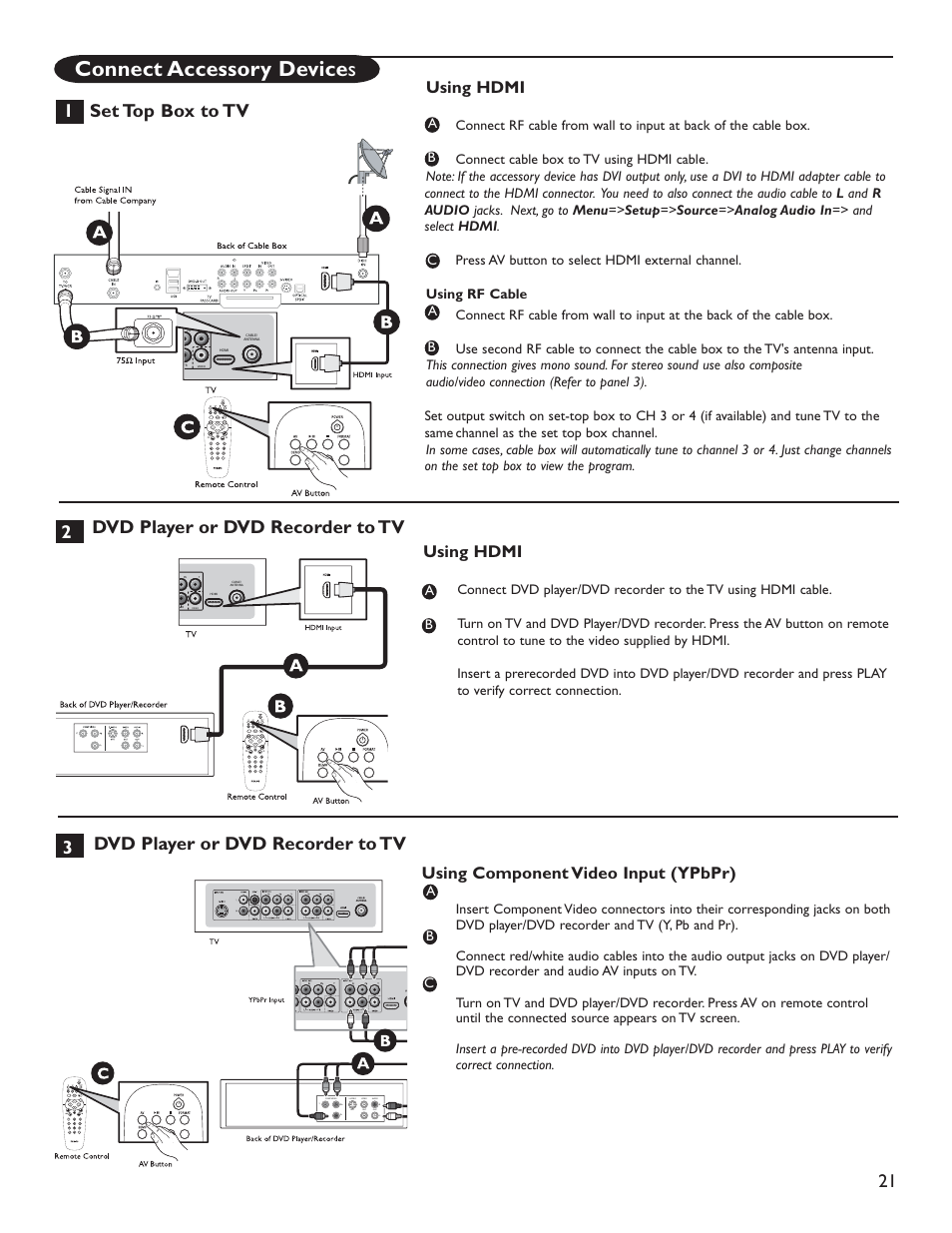 Connect accessory device s, Using hdmi, Using component video input (ypbpr) | Philips 50PL9126D User Manual | Page 29 / 42