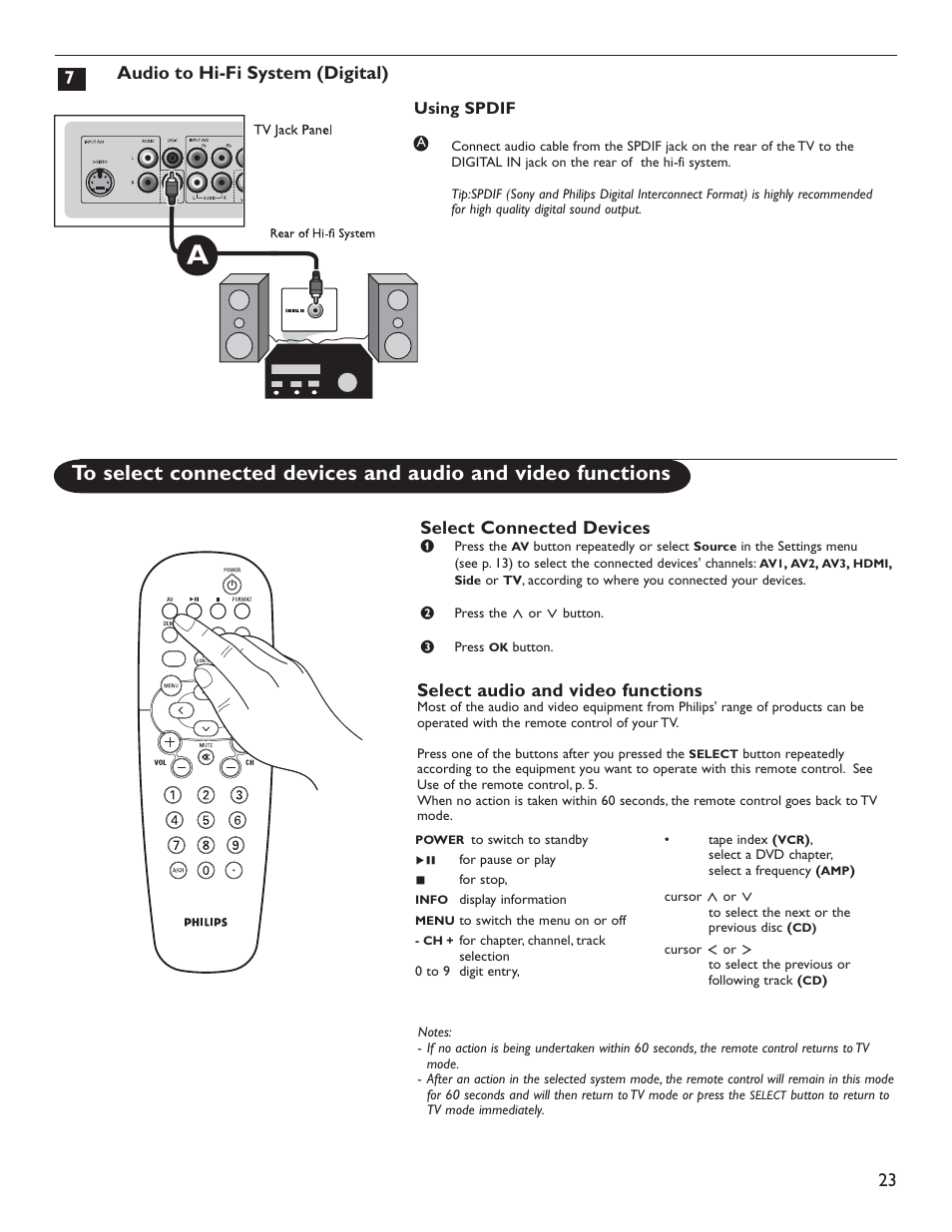 7audio to hi-fi system (digital), Select connected devices, Select audio and video functions | Philips 50PL9126D User Manual | Page 31 / 42