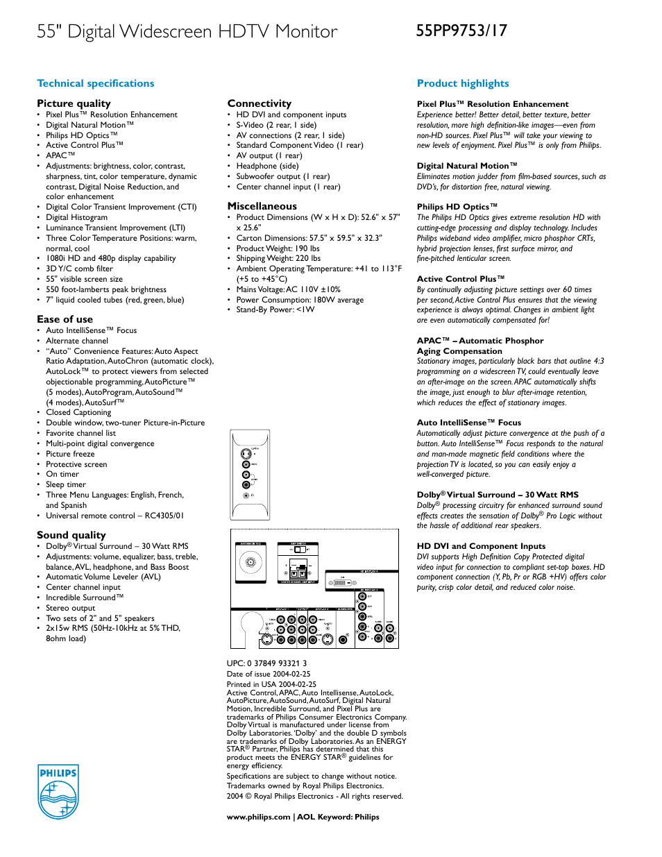 55" digital widescreen hdtv monitor | Philips Matchline 55PP9717 User Manual | Page 2 / 2