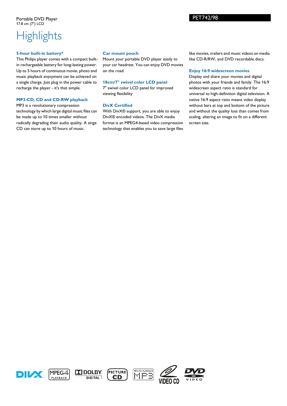 Highlights | Philips PET742/98 User Manual | Page 2 / 3