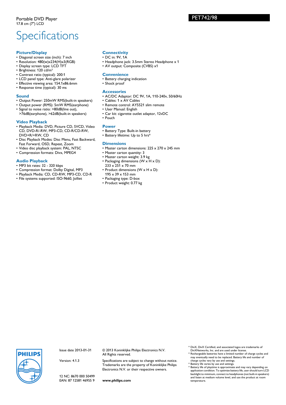 Specifications | Philips PET742/98 User Manual | Page 3 / 3
