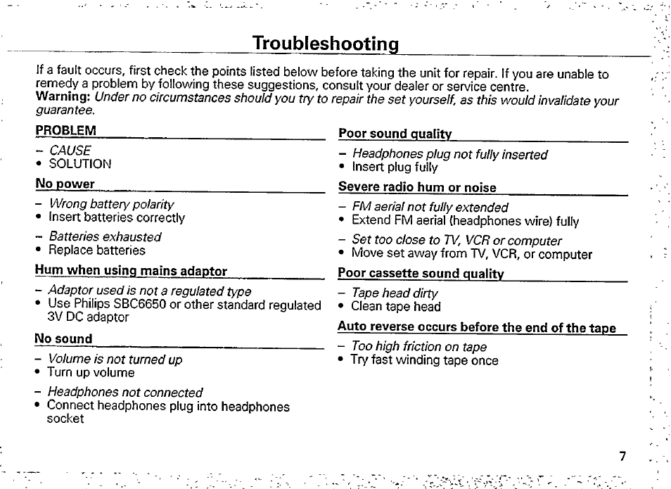 No sound, Troubleshooting | Philips AQ6546 User Manual | Page 9 / 13
