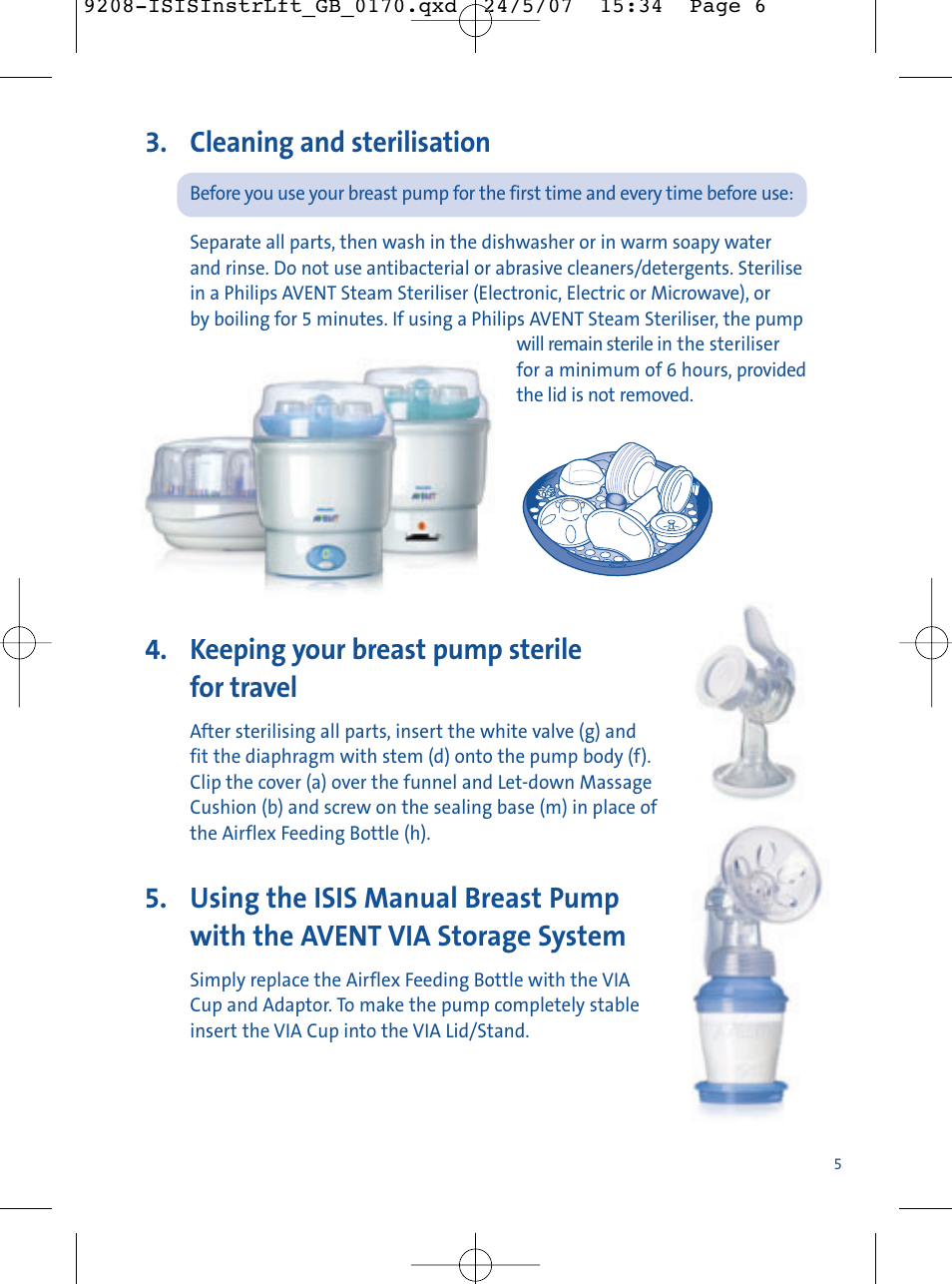 Cleaning and sterilisation, Keeping your breast pump sterile for travel | Philips ISIS Manual SCF290/12 User Manual | Page 5 / 16