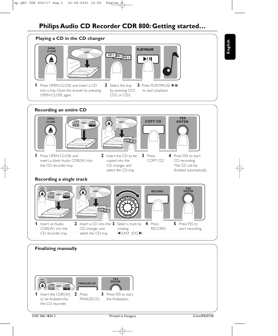 Philips audio cd recorder cdr 800: getting started, Recording an entire cd, Recording a single track 2 | Playing a cd in the cd changer finalizing manually | Philips CDR 800/17 User Manual | Page 2 / 2