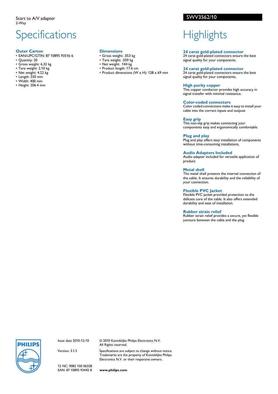 Specifications, Highlights | Philips 2-Way SWV3562/10 User Manual | Page 2 / 2