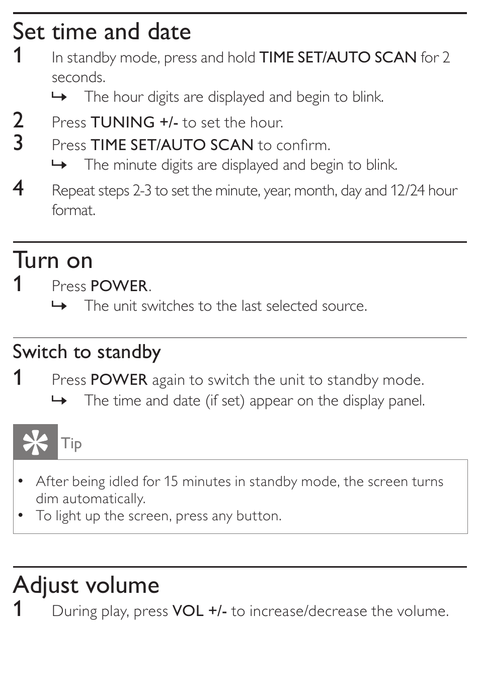 Set time and date, Turn on, Adjust volume | Switch to standby | Philips DC315/37 User Manual | Page 13 / 24
