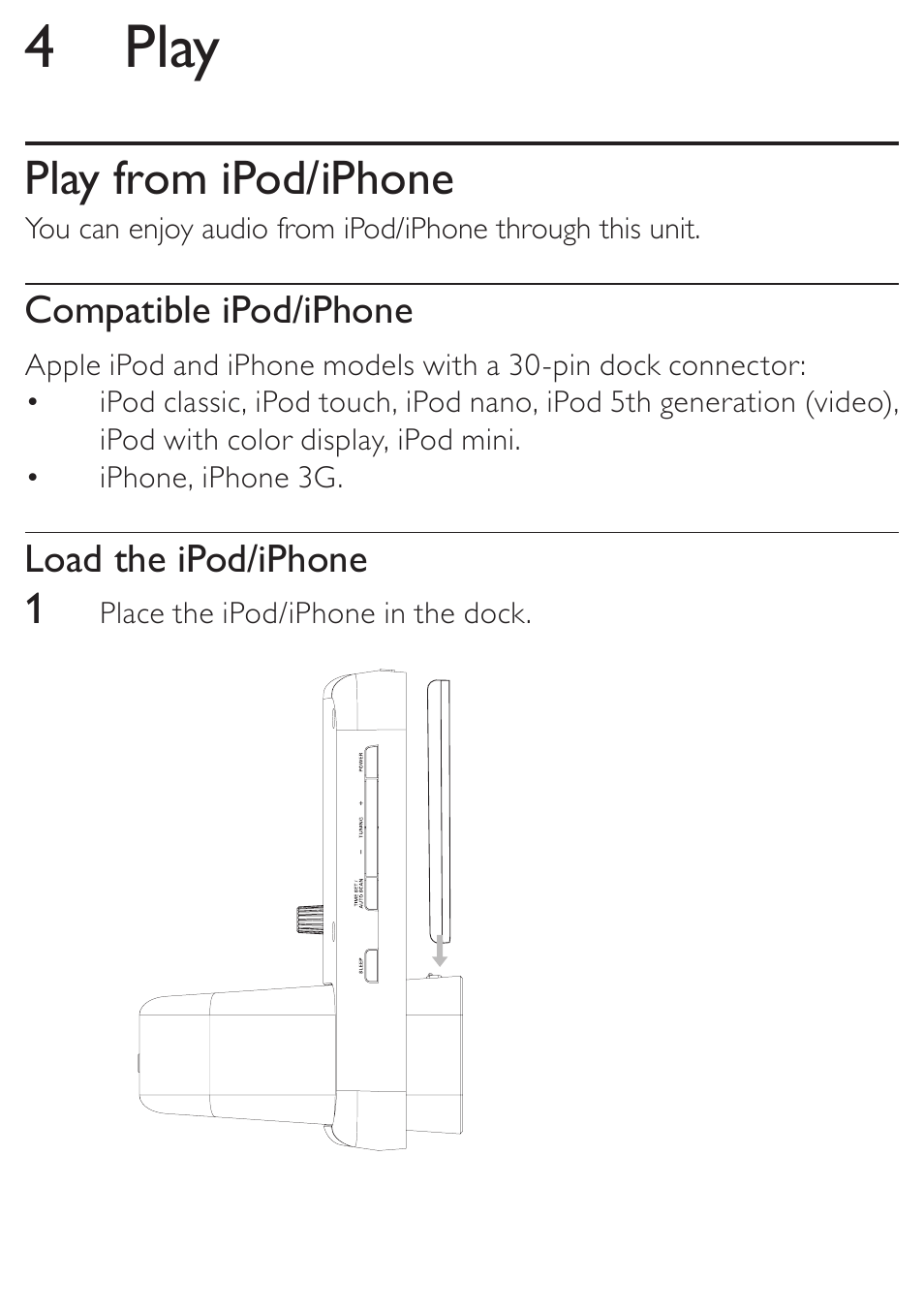 4 play, Play from ipod/iphone | Philips DC315/37 User Manual | Page 14 / 24