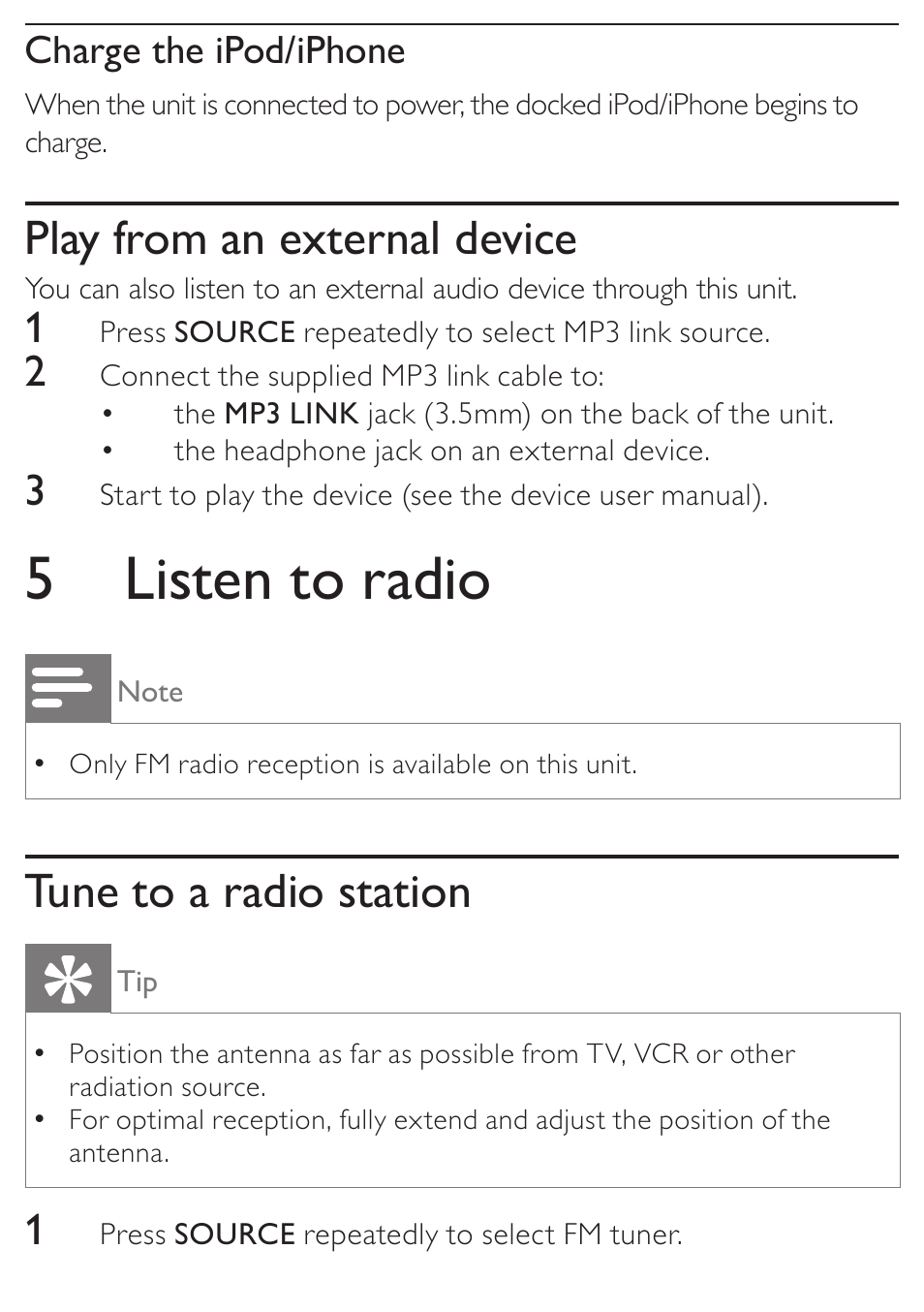 5 listen to radio, Play from an external device, Tune to a radio station | Charge the ipod/iphone | Philips DC315/37 User Manual | Page 16 / 24