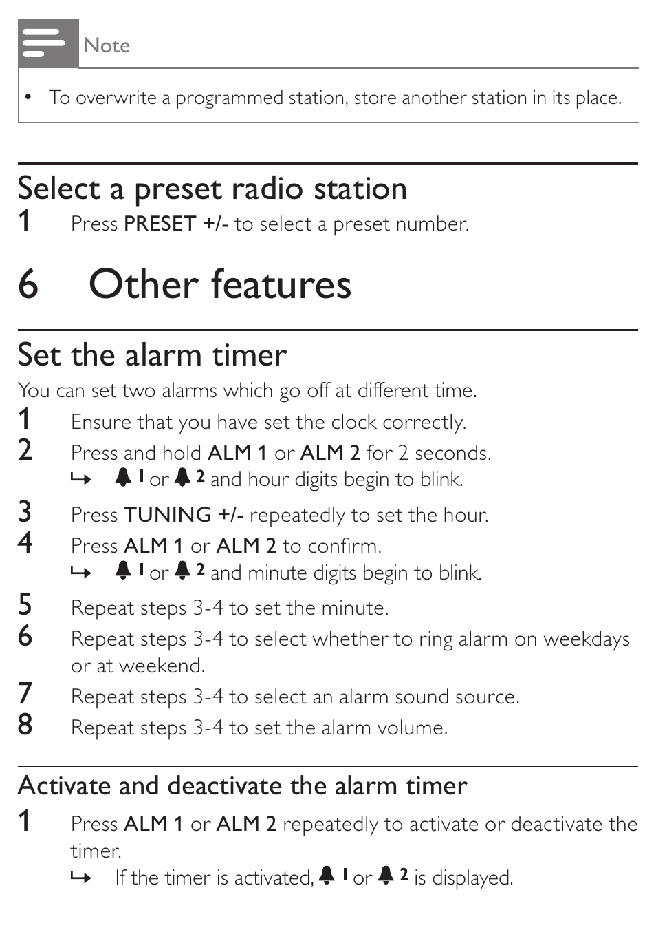 6 other features, Select a preset radio station, Set the alarm timer | Philips DC315/37 User Manual | Page 18 / 24