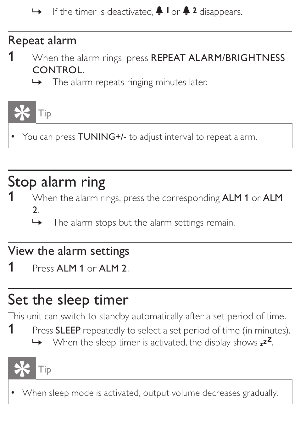 Stop alarm ring, Set the sleep timer, Repeat alarm | View the alarm settings | Philips DC315/37 User Manual | Page 19 / 24