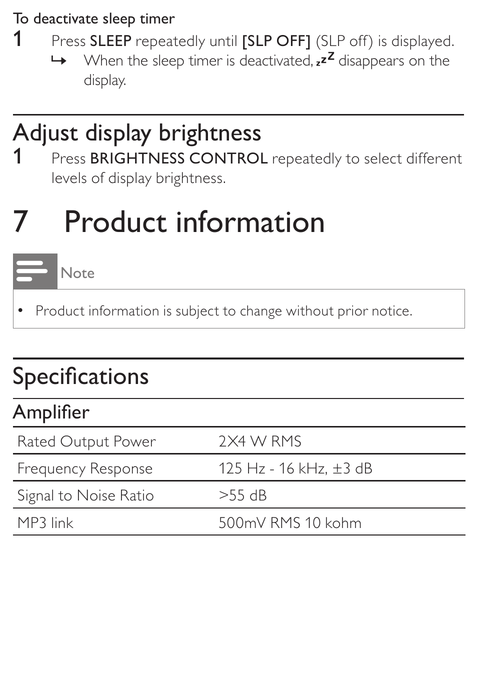 7 product information, Adjust display brightness, Specifications | Amplifier | Philips DC315/37 User Manual | Page 20 / 24