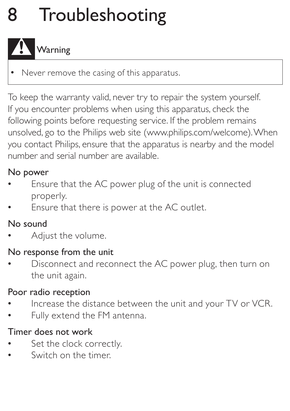 8 troubleshooting | Philips DC315/37 User Manual | Page 22 / 24