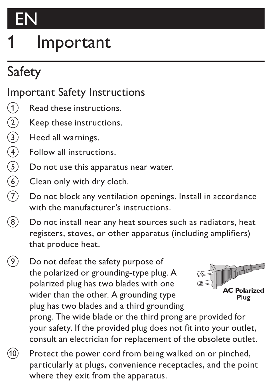 En 1 important, Safety, Important safety instructions | Philips DC315/37 User Manual | Page 6 / 24